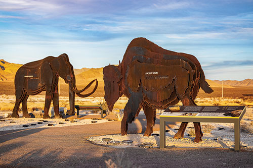 Metal sculptures of prehistoric animals that once roamed the area at Ice Age Fossils State Park