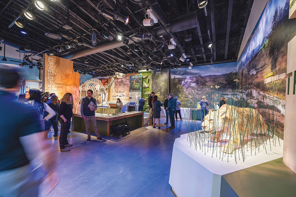 People enjoying displays inside the visitor center at Ice Age Fossils State Park