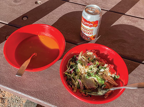 Lunch on a picnic table: Soup, salad, and a canned drink.