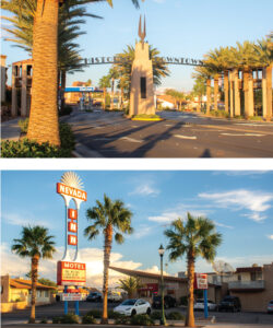 Top: Historic Downtown entrance at Boulder City. Bottom: Nevada Inn Motel in Boulder City. 