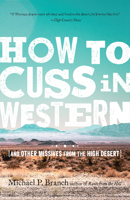 Cover of the book, "How to Cuss in Western" shows a desert scene with sagebrush, mountains, and blue-green sky.