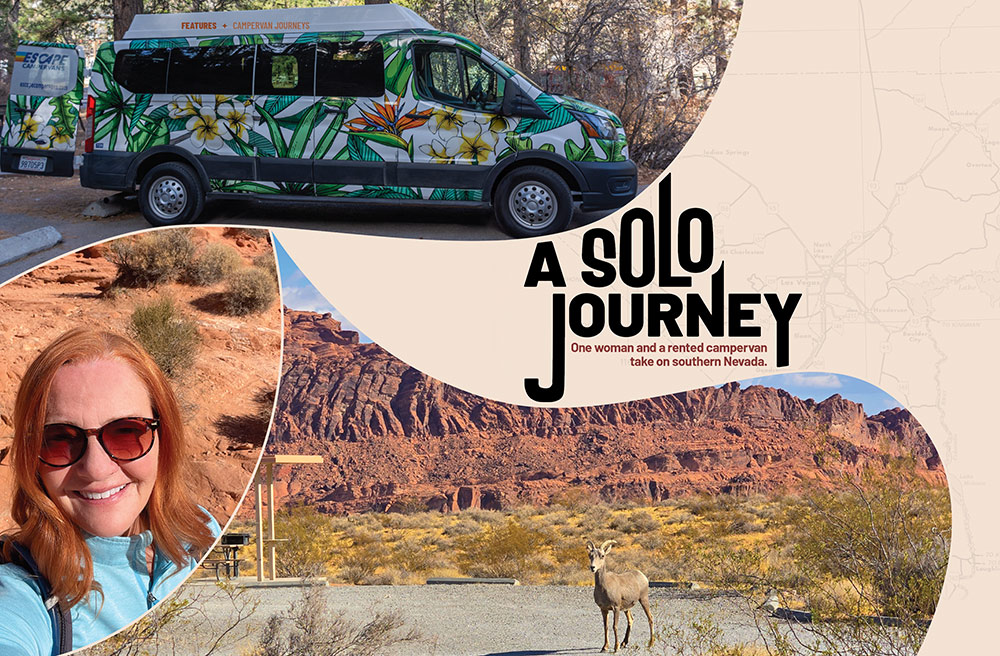 Top: A colorful camper fan sits in a shaded camping spot. Left: A red-headed woman (the author) wearing sunglasses takes a selfie in front of some red rock. Bottom: A female mountain goat stands in a parking area next to some camping gear, with desert scrub and tall red rocks in the background. The title and subtitle are placed within the image, with a map of the travel area screened into the background of the right side.