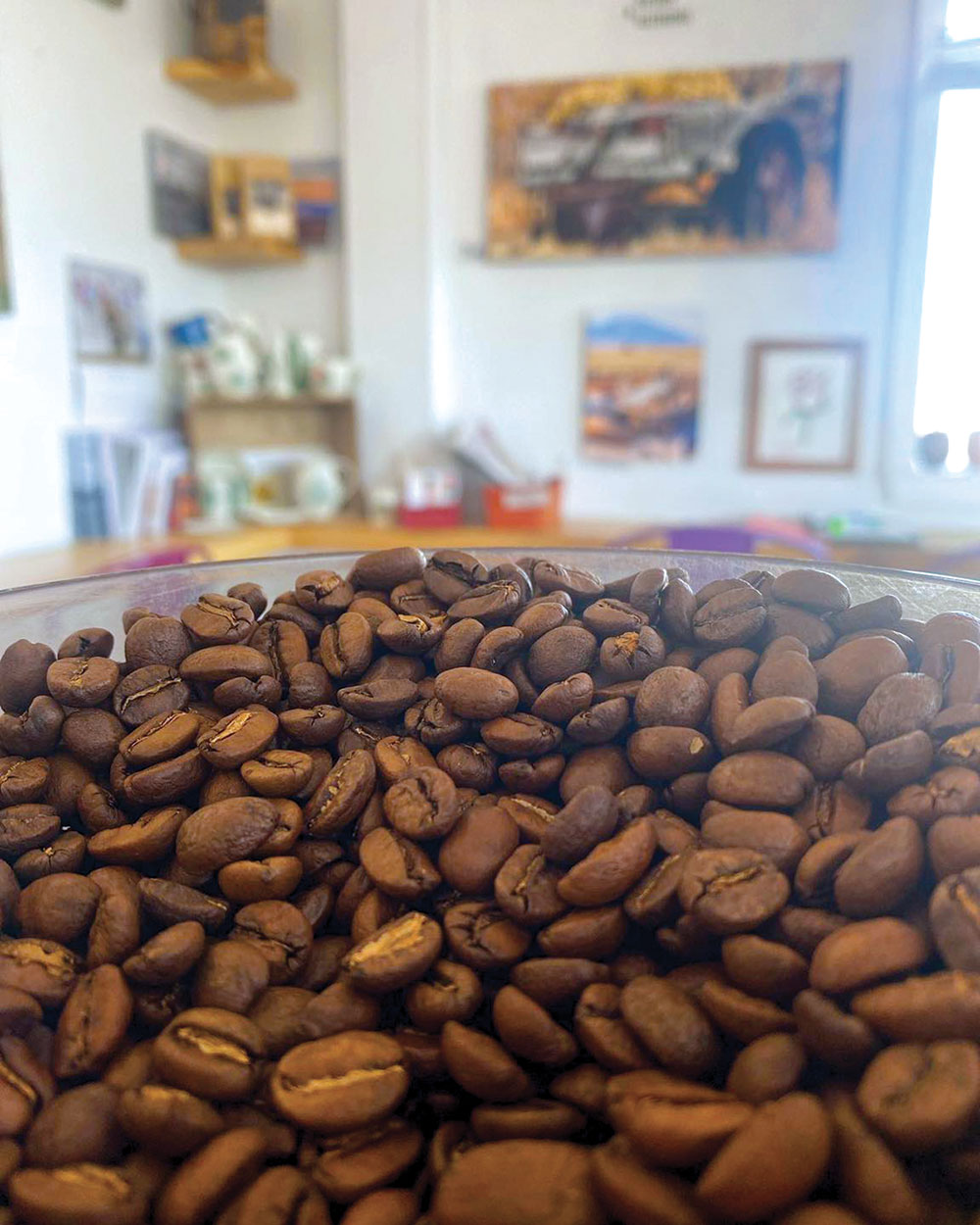Collective Coffe Roaster in Elko, image shows a close-up of coffee beans, with books, magazines, and artwork in the background.