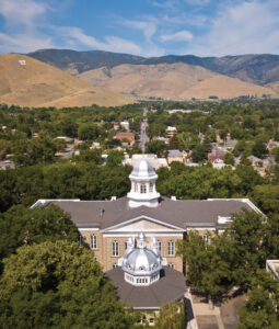 Aerial of downtown Carson City and the Capitol building. 