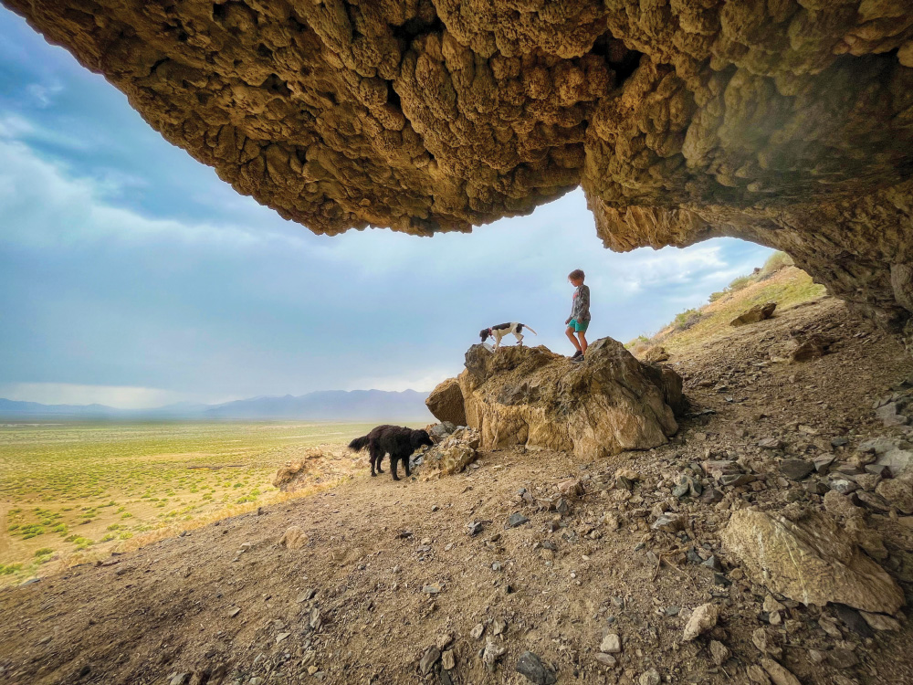 Looking out from a cave whose ceiling is very rough, knobby, likely-volcanic rock, there is an open valley or dry lakebed in the distance, with mountains and stormy clouds. In the foreground is a young boy with two dogs, climbing some of the rocks together.