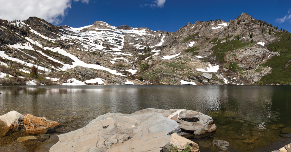 Snow covered mountains at Angel Lake.