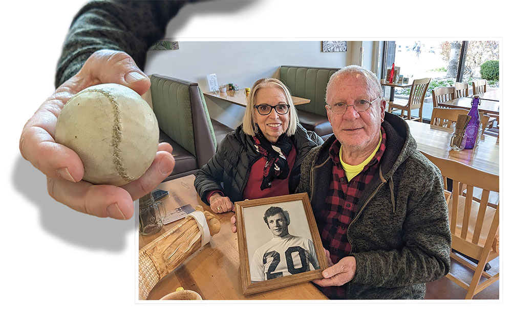 Jai alai player with his wife, holding a historic photo of himself from when he played. A photo of his hand, holding a jai alai ball is isolated and overlaid on the photo.