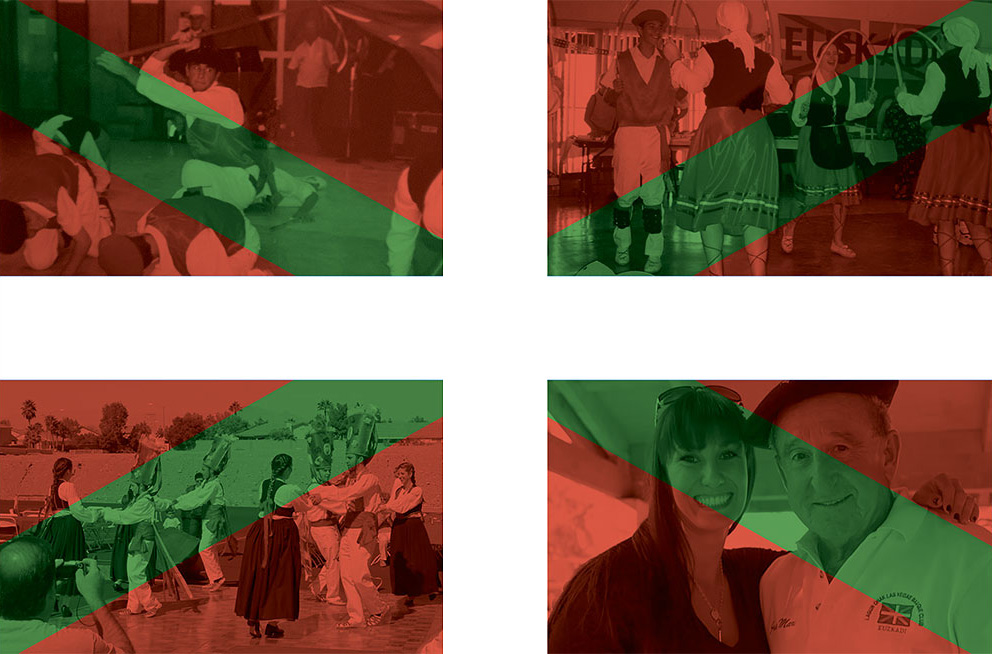 Lagun Onak Las Vegas Basque Club (Clockwise from top left: 1992, 1999, 2012, 2013) screened behind a Basque flag of red, green, and white