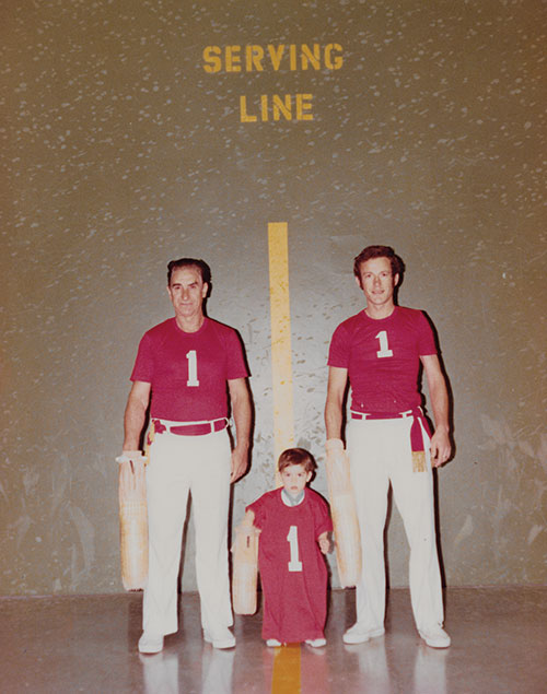 Three generations of jai alai players pose on the MGM Grand Las Vegas fronton.