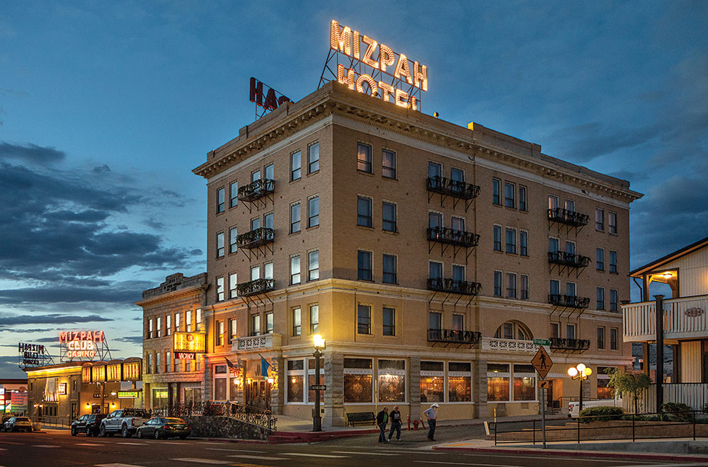 The Mizpah Hotel at night, all lit up, taken from the opposite corner, across the street. Photo ©Larry Hanna