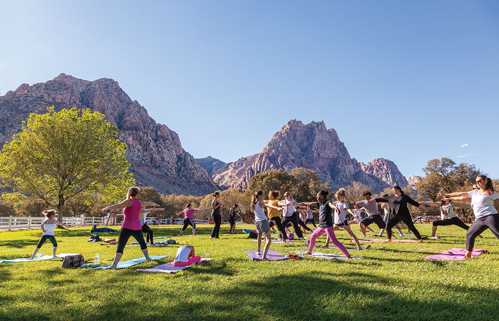 A group of people. of multiple ages and ethnicities, are doing yoga on the lawn at Spring Mountain State Park. There are many trees and tall mountains surrounding, with blue skies.