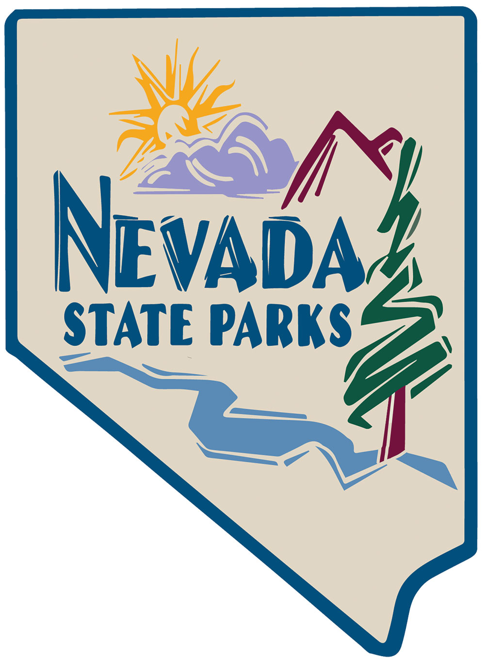 Nevada State Parks logo, in the shape of Nevada, with stylized sun, mountains, pine tree and river.