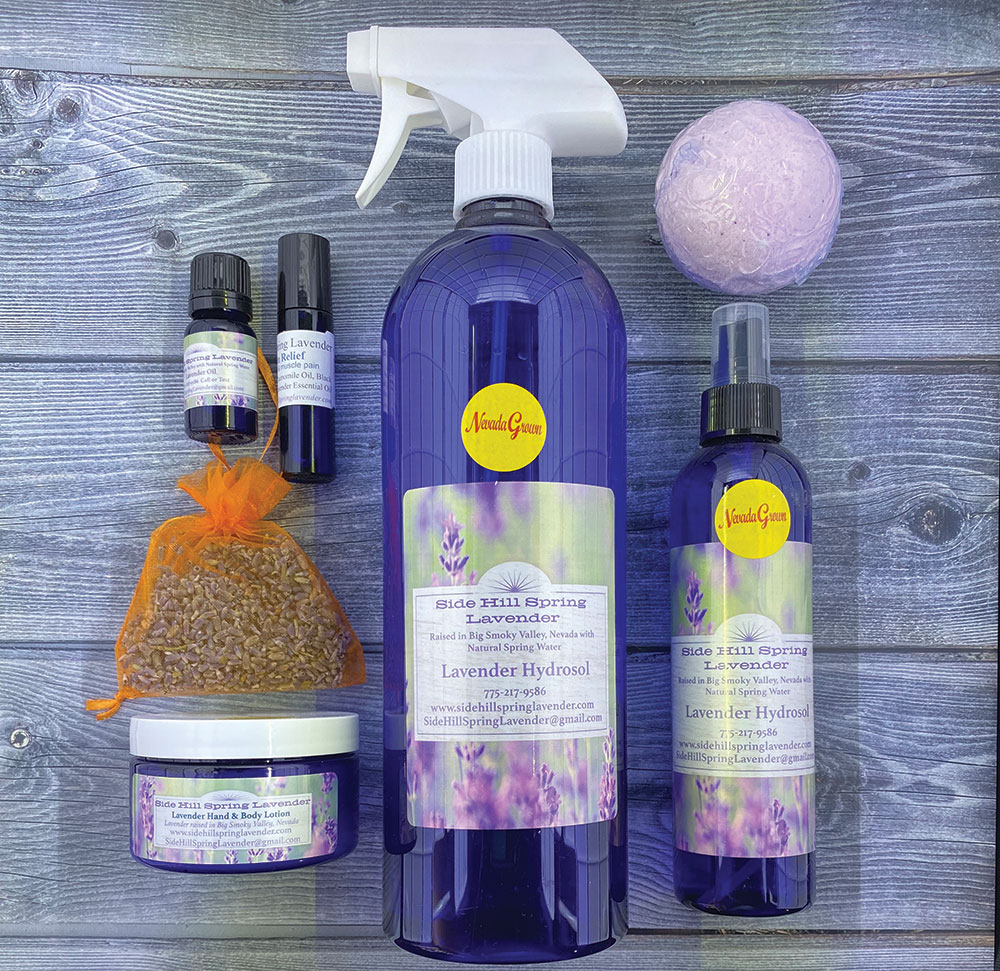 Side Hill Spring Lavender in Central Nevada, the image shows several Lavender products, including a bath bomb, hydrosol, lotion, pain relief, and oil.
