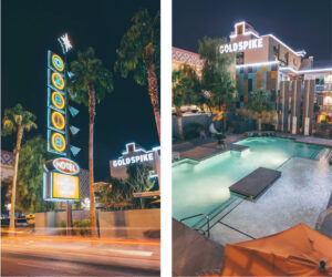 Left: Neon front signage of the Oasis at Gold Spike. Right: Poolside shot at night with a building in the background with the words' GOLDSPIKE' lit up at the Oasis at Gold Spike. 