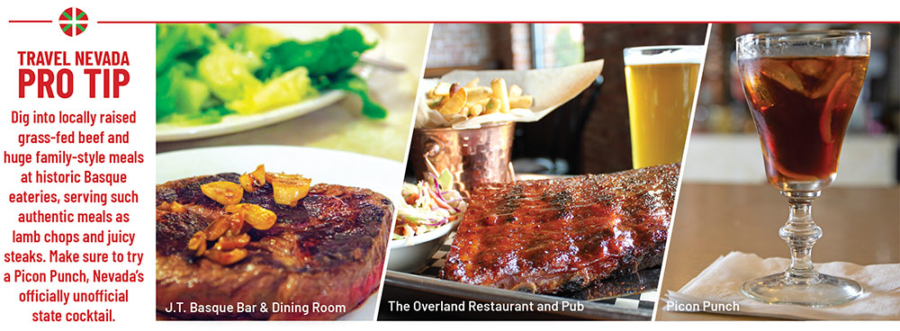 Steak and salad from J.T. Basque Bar & Dining Room; Ribs, fries, and a beer from The Overland Restaurant and Pub; A Picon Punch in a sweating glass.