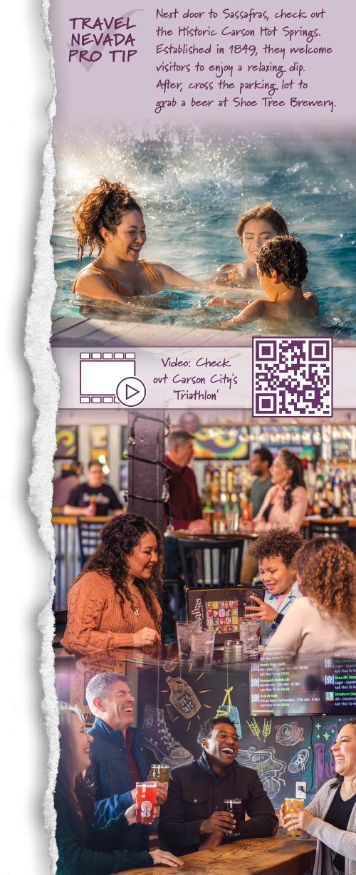Sidebar image, with a QR code linking to a video of Carson City's 'Triathlon' of businesses, all sharing a parking lot. First photo is a mom and two kids swimming in Carson Hot Springs. Second image is a bunch of people eating, drinking, and ordering food at Sassafras Eclectic Food Joint. Third image is a group of four people enjoying beer and laughing at Shoe Tree Brewery.