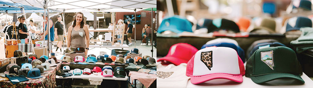 Wyld Market Collective in Reno, image is split in two. Left side shows a woman at an outdoor market, selling trucker hats. Lots of people and items for sale in the background. Right sie shows a closeup of the trucker hats, with Nevada logos embroidered on them, with different fillings. One has a leopard pring, and another has a mountain and cacti.