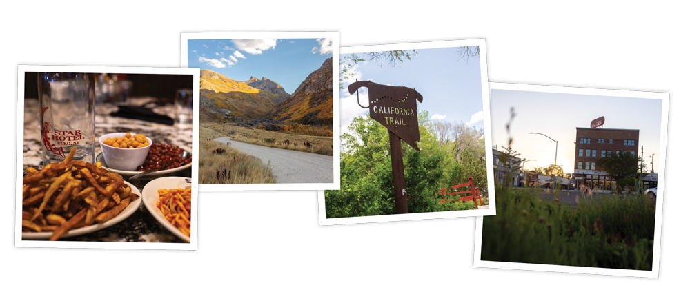 Collage of photos. Left to right: Basque food at the Star Hotel, road leading to Lamoille Canyon, sign for California trail, downtown shot of Elko. 