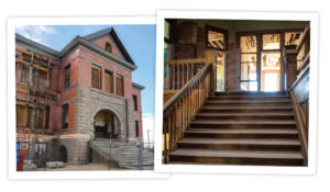 Left: Exterior of Goldfield High School. Right: Stairs inside Goldfield High School.
