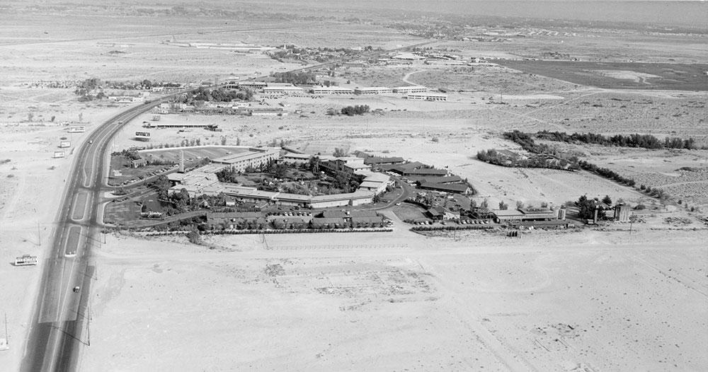 Historic photo: Aerial view of the Flamingo Hotel and Las Vegas Boulevard in the 1950s