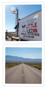 Top: Little A'le'inn exterior. Bottom: Road shot of Extraterrestrial Highway.