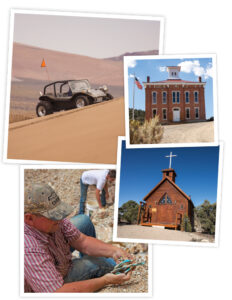 Top left: ATV driving up sand dune at Crescent Dunes. Top right: Exterior of Belmont Courthouse. Bottom left: Two men digging for turquoise. One is holding a cluster of turquoise in his hands. Bottom right: The stolen Belment Church in Manhattan. 